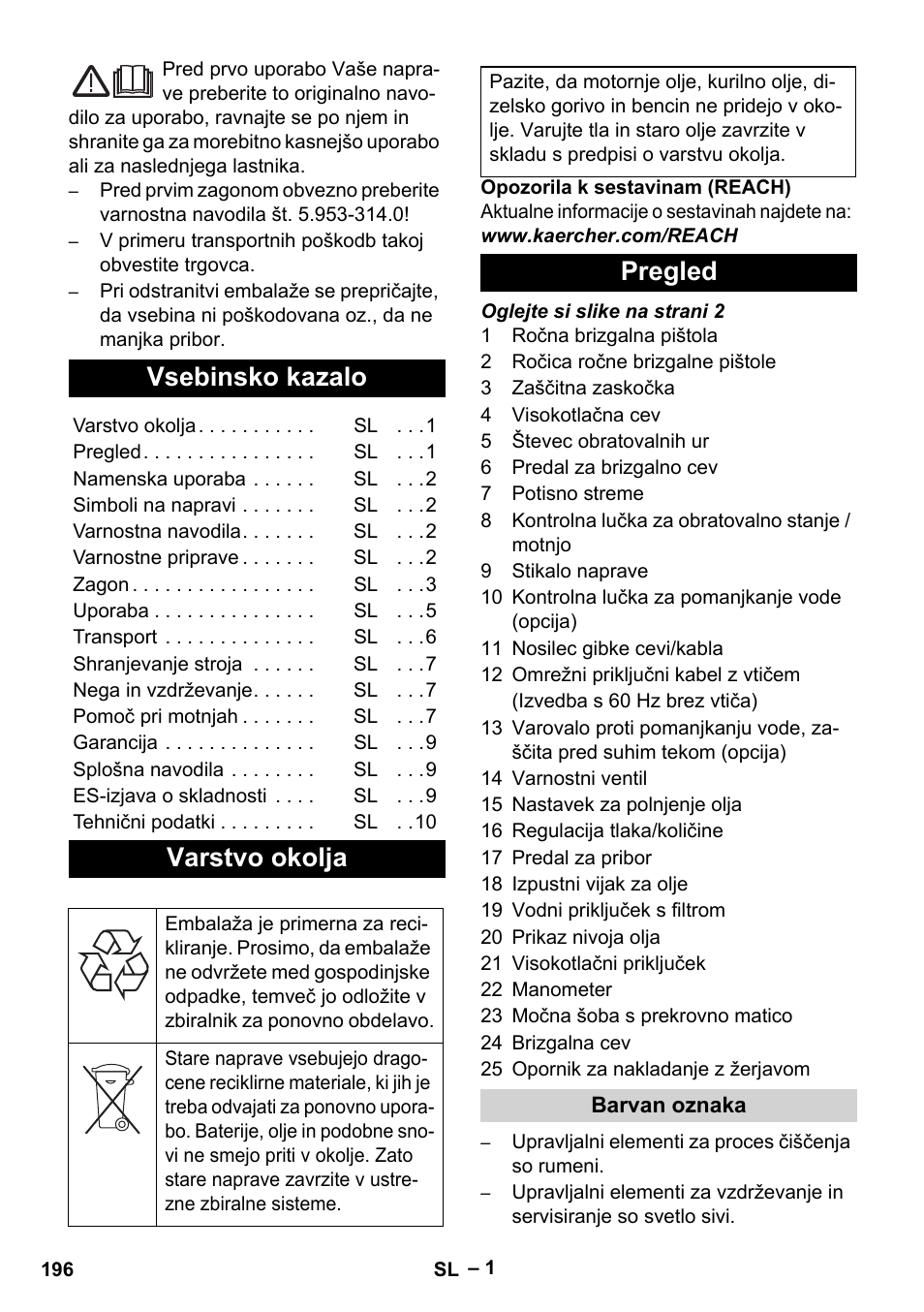 Slovenščina, Vsebinsko kazalo, Varstvo okolja | Pregled | Karcher HD 9-50-4 User Manual | Page 196 / 340