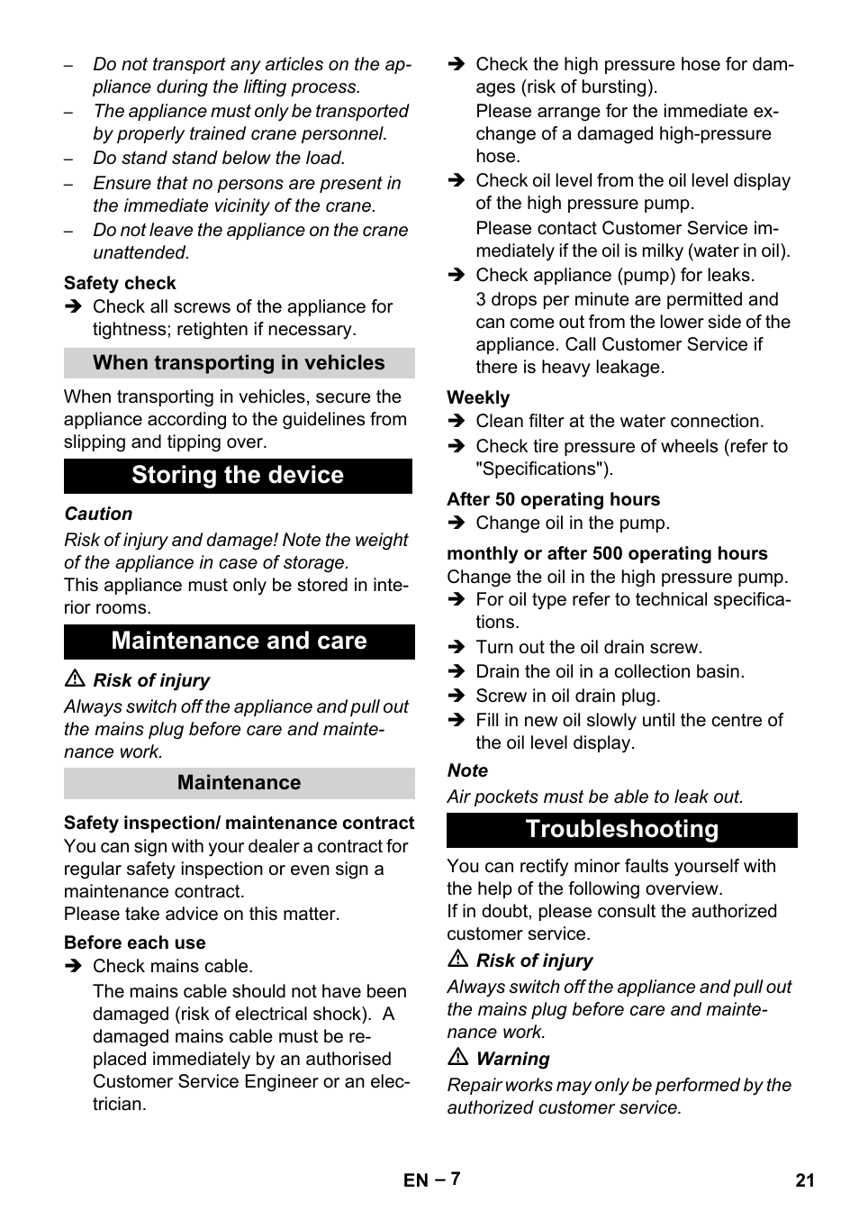Storing the device maintenance and care, Troubleshooting | Karcher HD 9-50-4 User Manual | Page 21 / 340