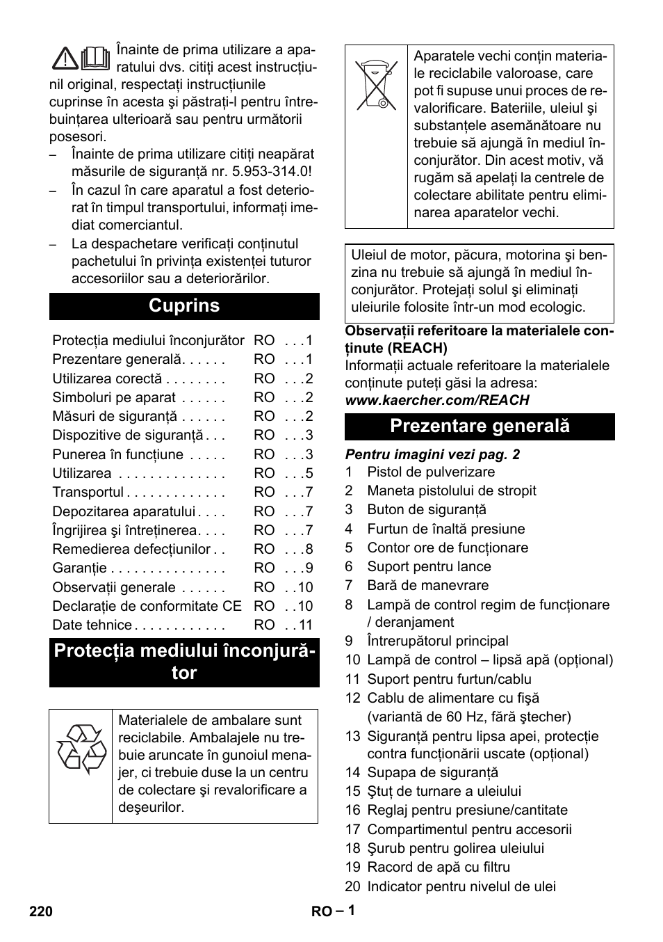 Româneşte, Cuprins, Protecţia mediului înconjură- tor | Prezentare generală | Karcher HD 9-50-4 User Manual | Page 220 / 340