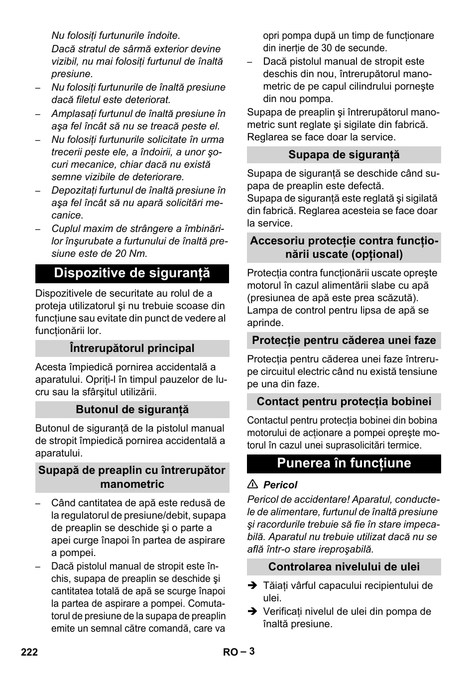 Dispozitive de siguranţă, Punerea în funcţiune | Karcher HD 9-50-4 User Manual | Page 222 / 340