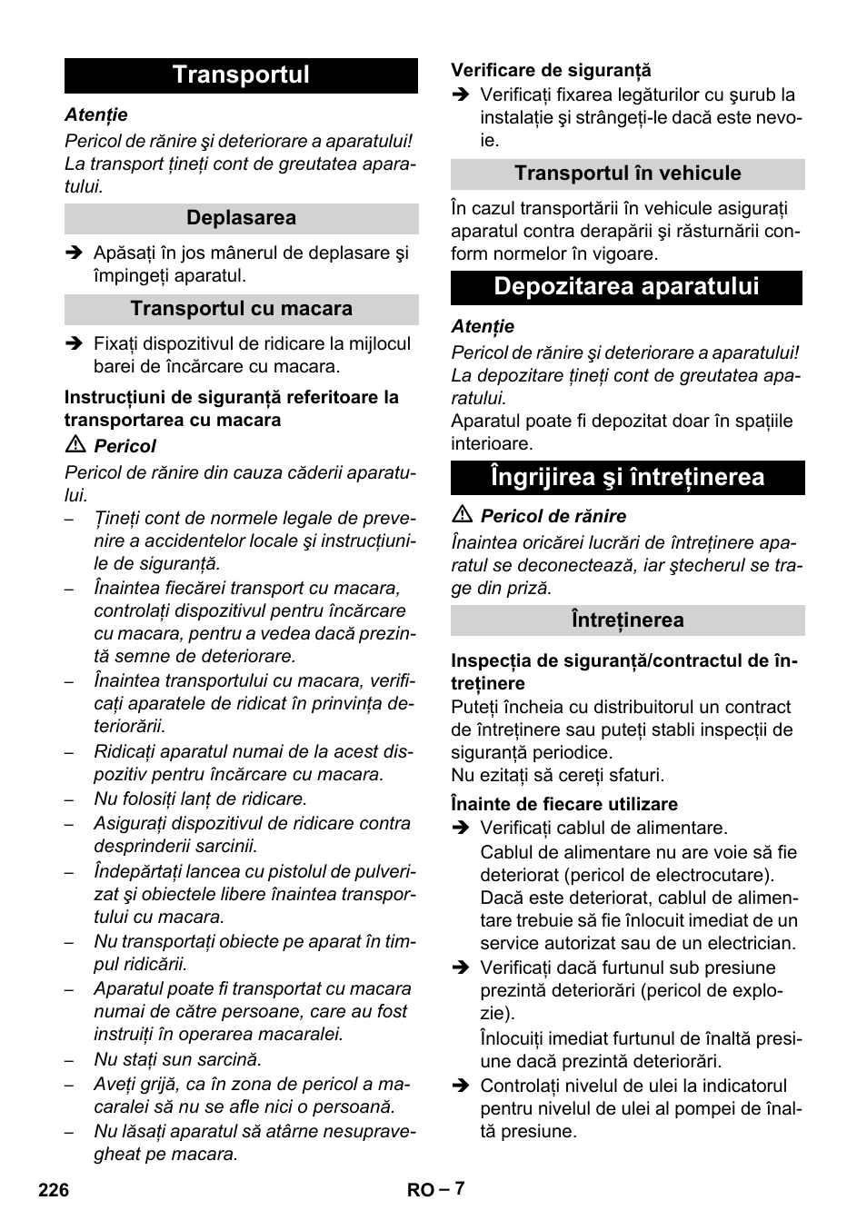 Transportul, Depozitarea aparatului îngrijirea şi întreţinerea | Karcher HD 9-50-4 User Manual | Page 226 / 340