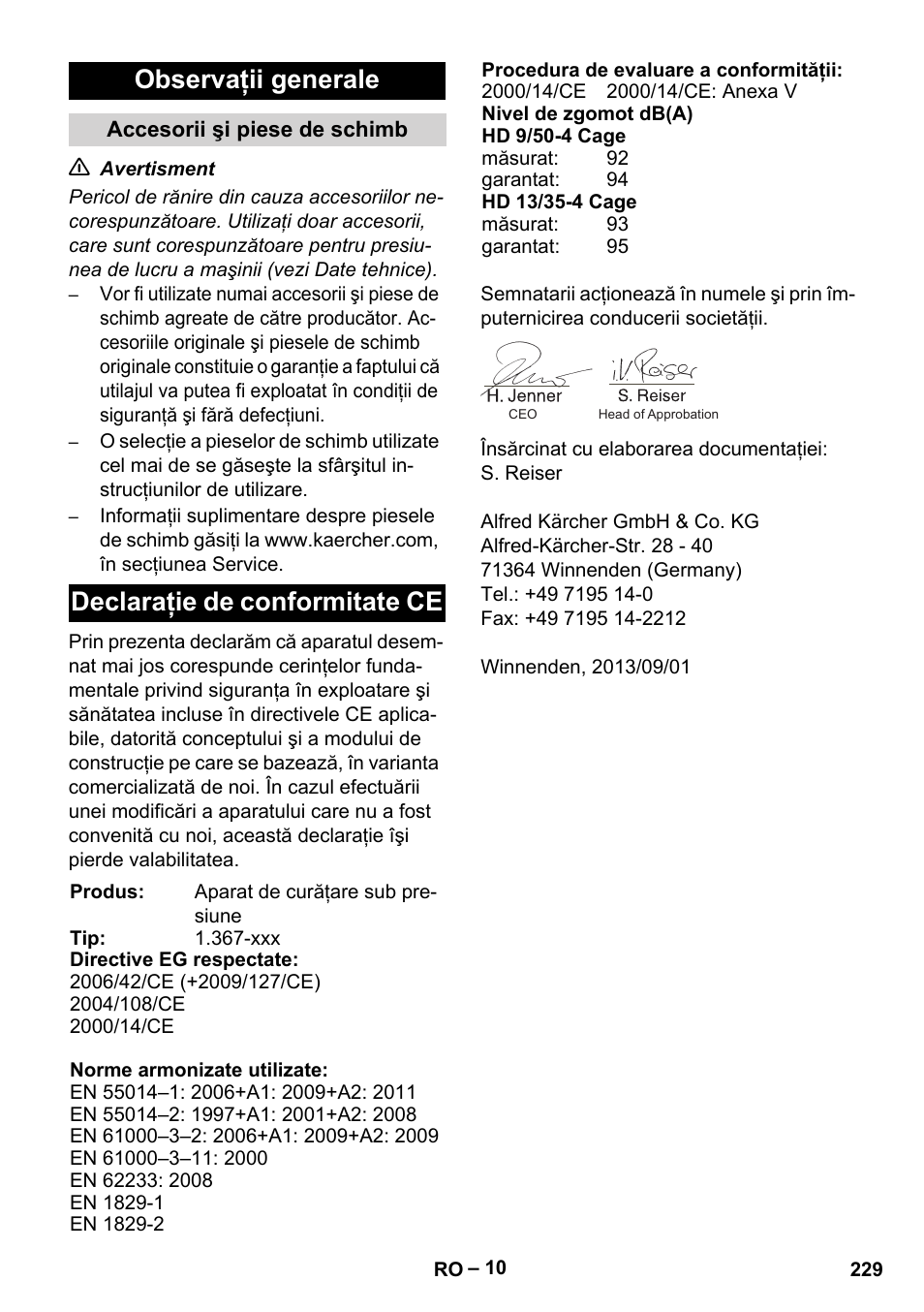 Observaţii generale, Declaraţie de conformitate ce | Karcher HD 9-50-4 User Manual | Page 229 / 340