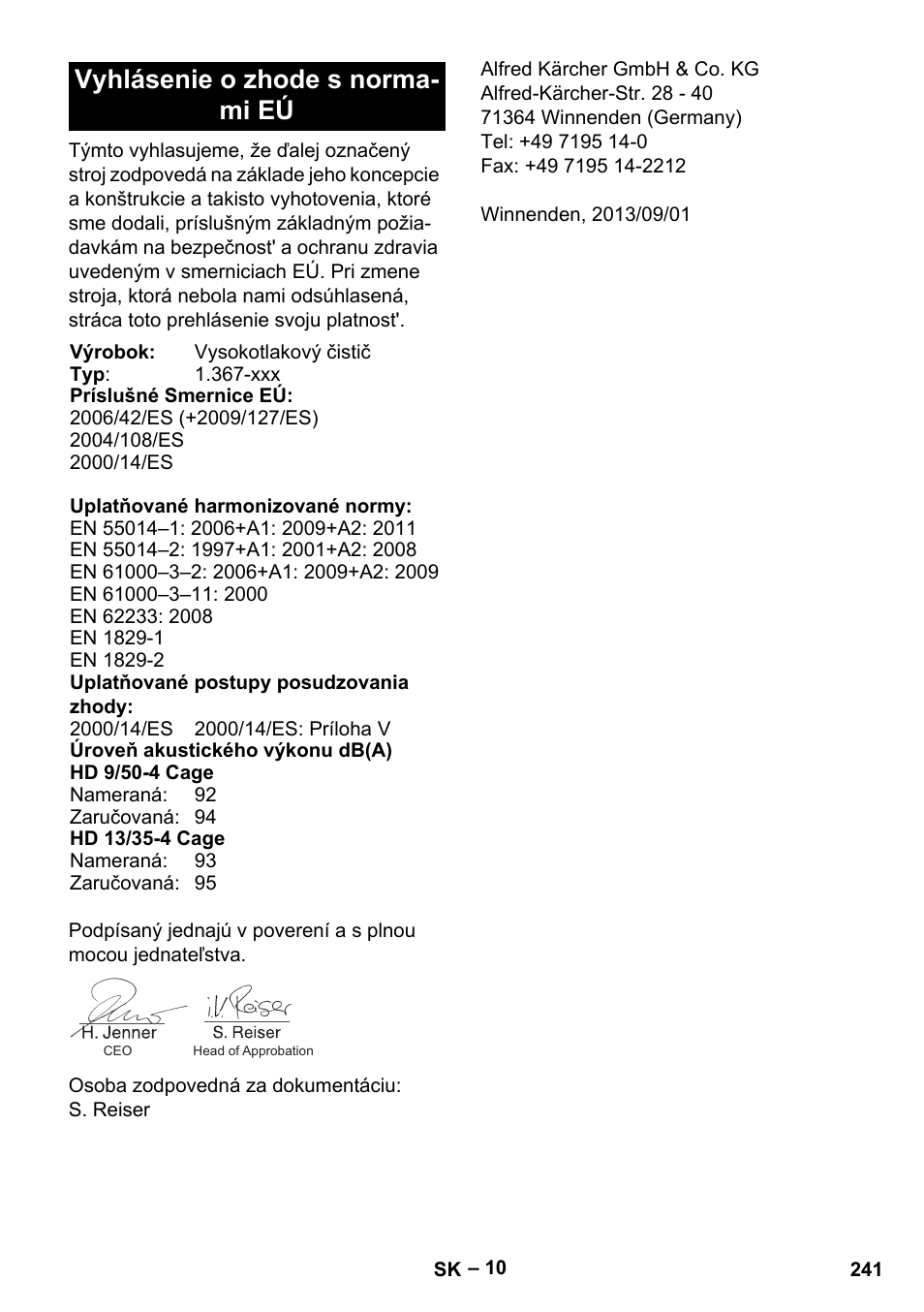 Vyhlásenie o zhode s norma- mi eú | Karcher HD 9-50-4 User Manual | Page 241 / 340