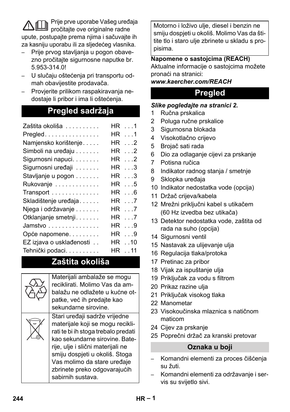 Hrvatski, Pregled sadržaja, Zaštita okoliša | Pregled | Karcher HD 9-50-4 User Manual | Page 244 / 340