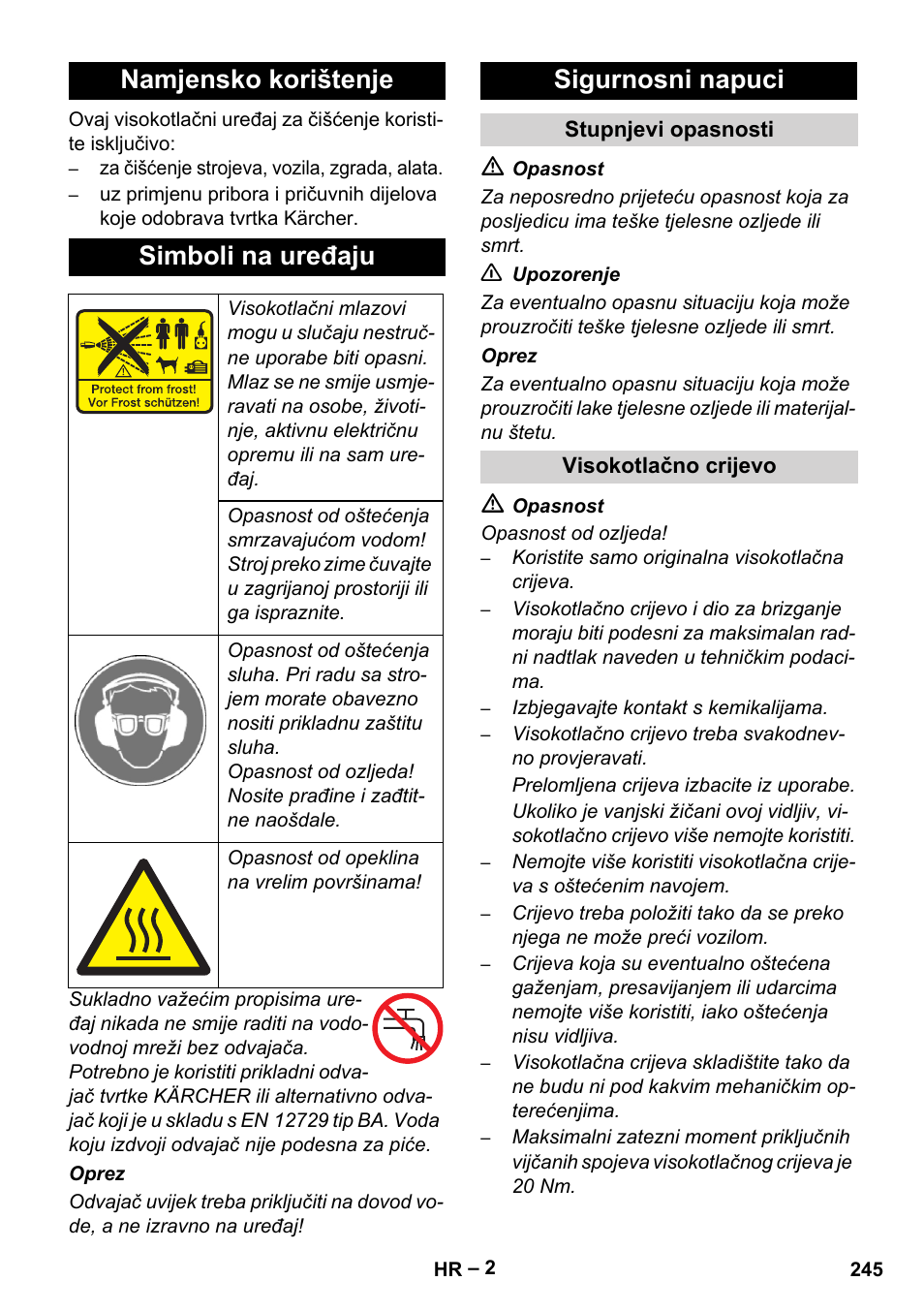Namjensko korištenje simboli na uređaju, Sigurnosni napuci | Karcher HD 9-50-4 User Manual | Page 245 / 340