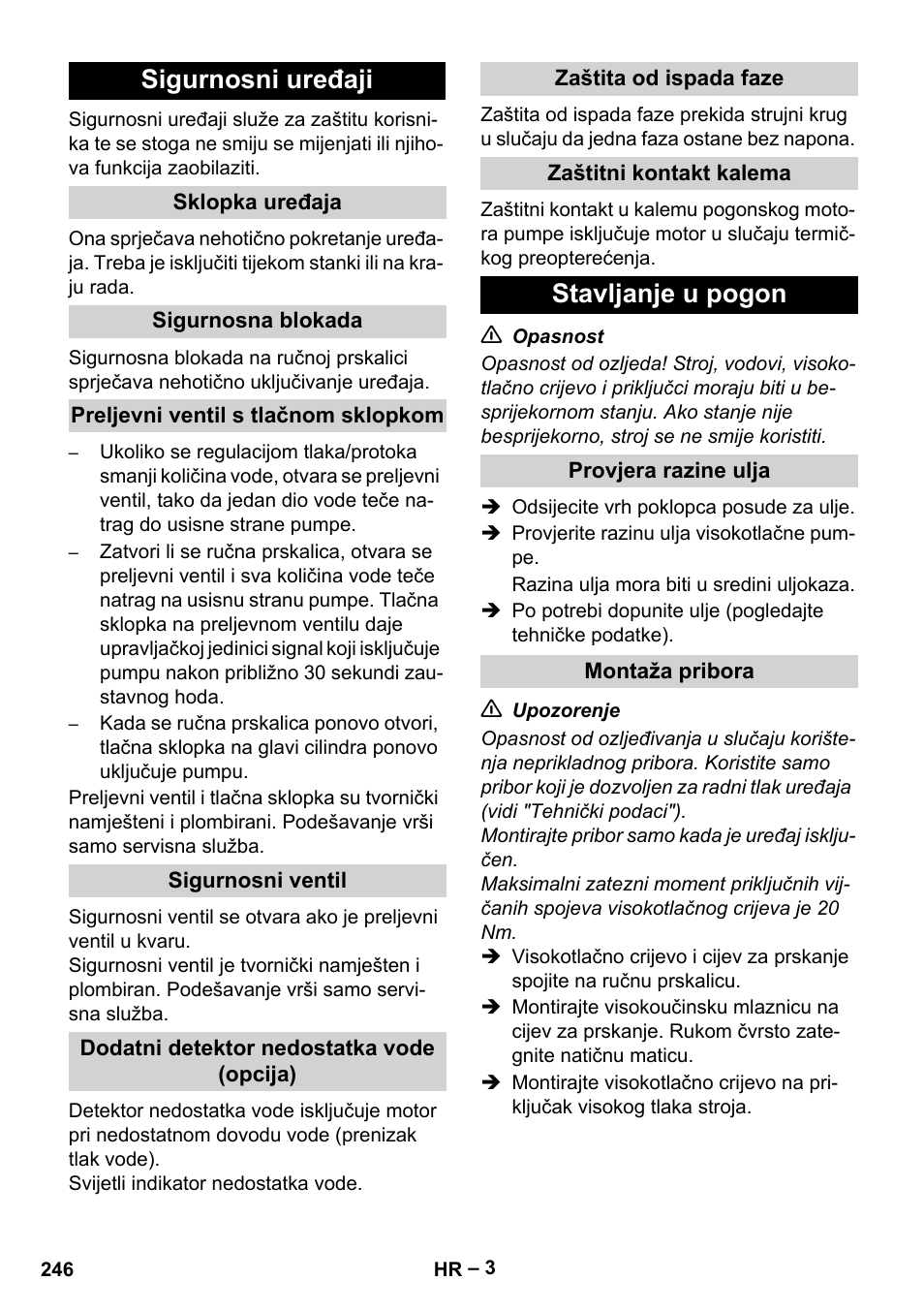 Sigurnosni uređaji, Stavljanje u pogon | Karcher HD 9-50-4 User Manual | Page 246 / 340