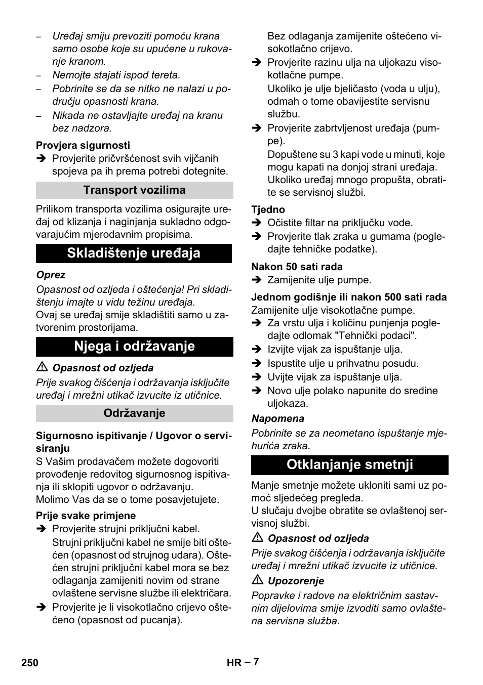 Skladištenje uređaja njega i održavanje, Otklanjanje smetnji | Karcher HD 9-50-4 User Manual | Page 250 / 340