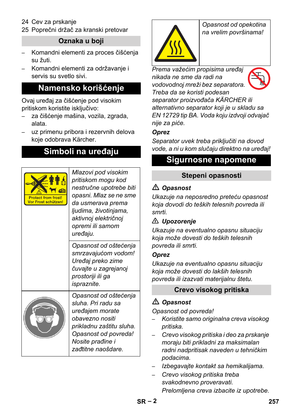 Namensko korišćenje simboli na uređaju, Sigurnosne napomene | Karcher HD 9-50-4 User Manual | Page 257 / 340