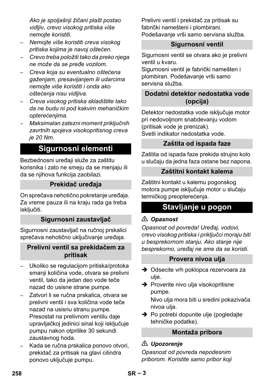 Sigurnosni elementi, Stavljanje u pogon | Karcher HD 9-50-4 User Manual | Page 258 / 340