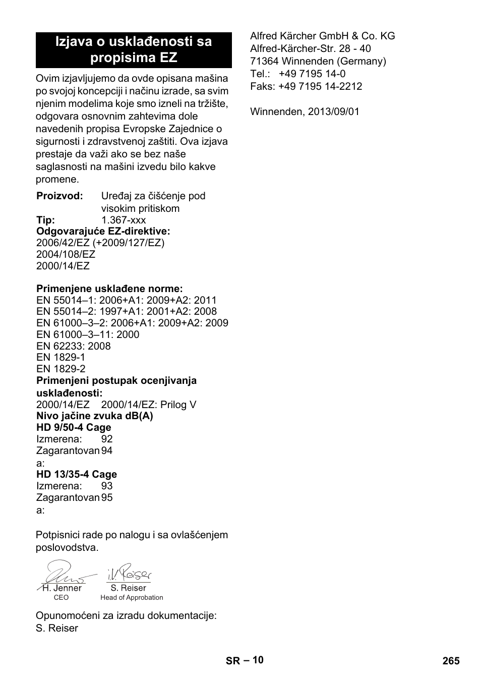 Izjava o usklađenosti sa propisima ez | Karcher HD 9-50-4 User Manual | Page 265 / 340