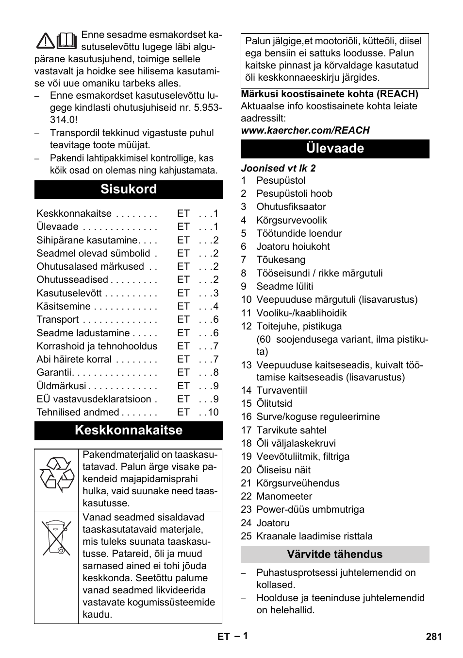 Eesti, Sisukord, Keskkonnakaitse | Ülevaade | Karcher HD 9-50-4 User Manual | Page 281 / 340