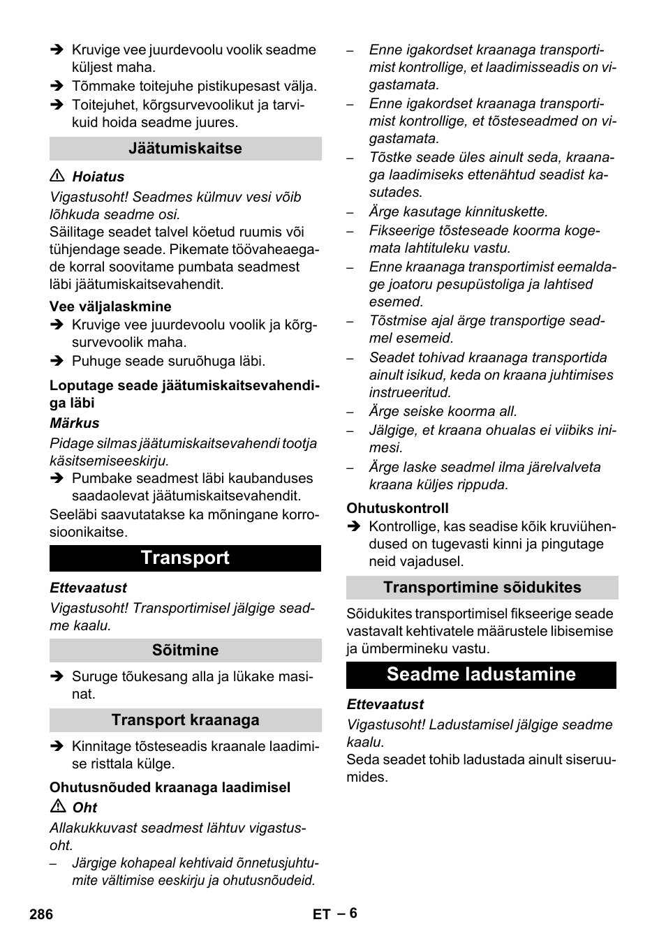 Transport, Seadme ladustamine | Karcher HD 9-50-4 User Manual | Page 286 / 340