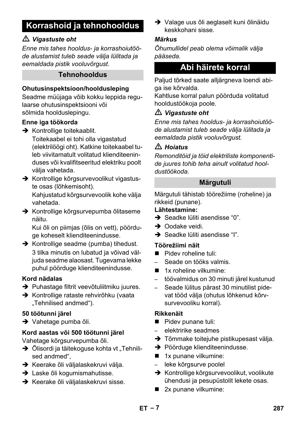 Korrashoid ja tehnohooldus, Abi häirete korral | Karcher HD 9-50-4 User Manual | Page 287 / 340