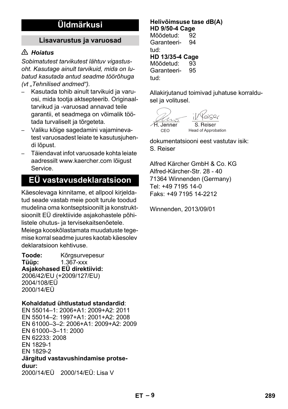 Üldmärkusi, Eü vastavusdeklaratsioon | Karcher HD 9-50-4 User Manual | Page 289 / 340