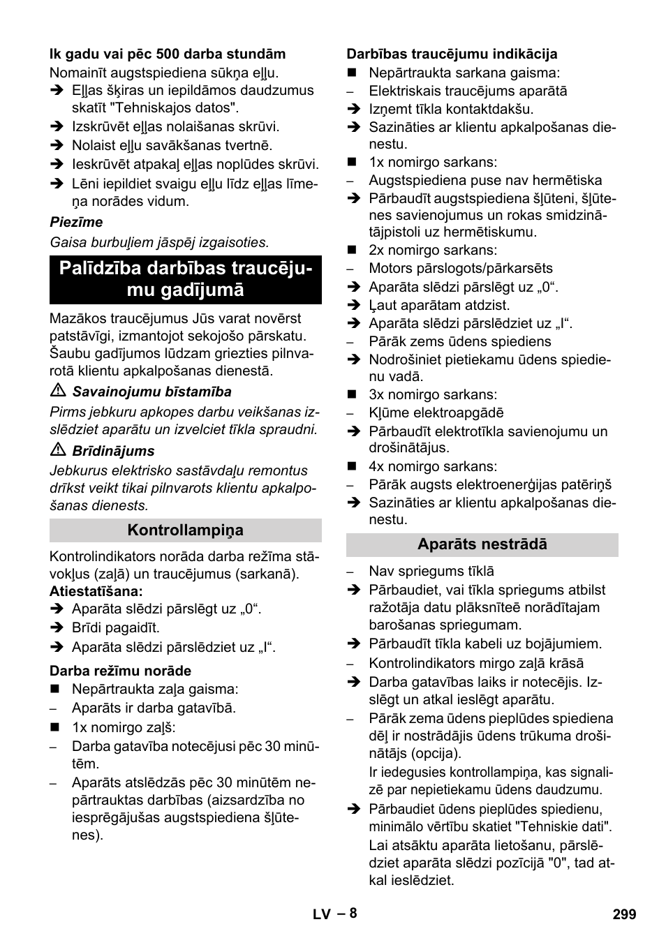 Palīdzība darbības traucēju- mu gadījumā | Karcher HD 9-50-4 User Manual | Page 299 / 340