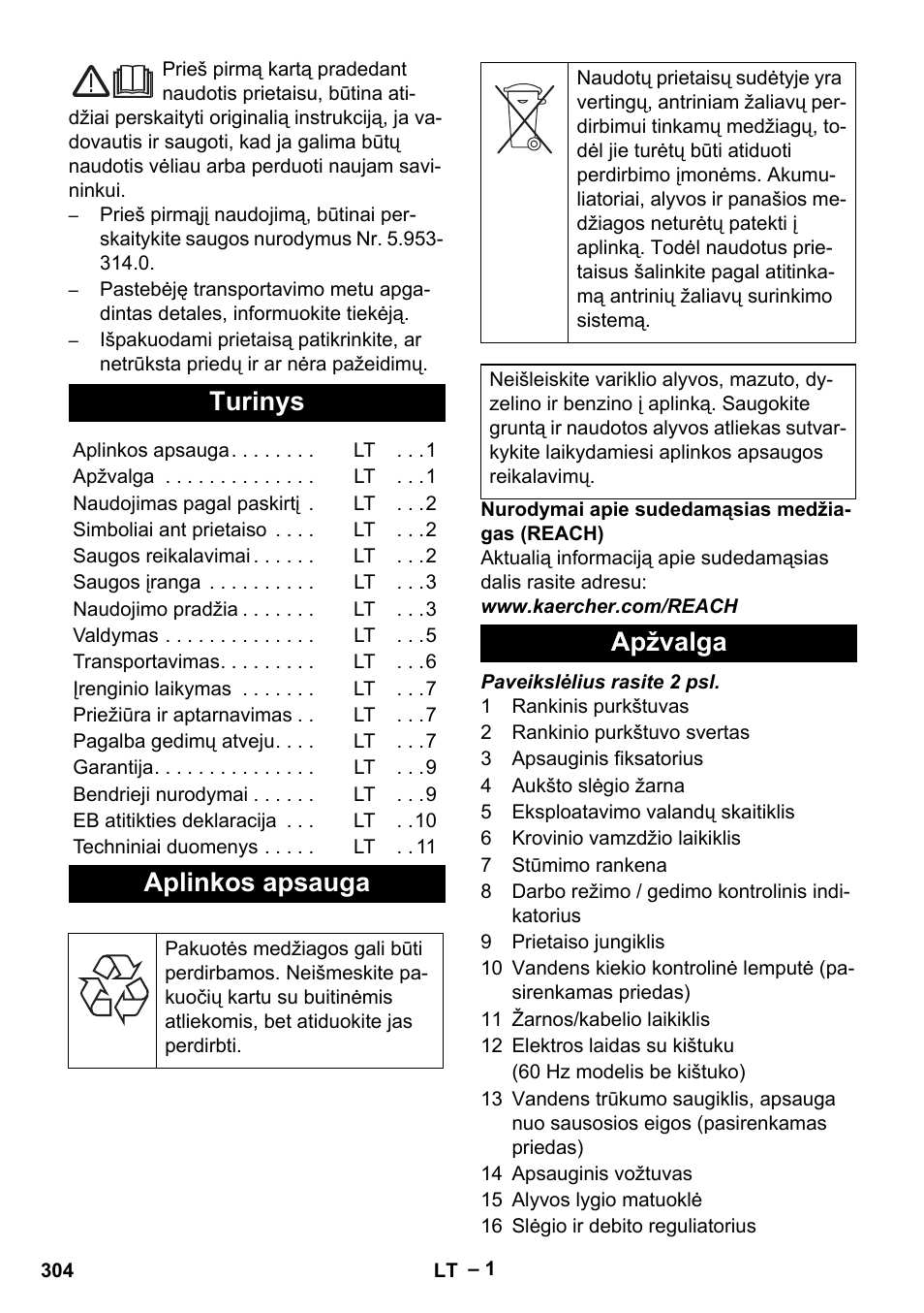 Lietuviškai, Turinys, Aplinkos apsauga | Apžvalga | Karcher HD 9-50-4 User Manual | Page 304 / 340