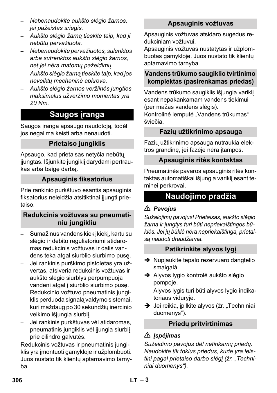 Saugos įranga, Naudojimo pradžia | Karcher HD 9-50-4 User Manual | Page 306 / 340