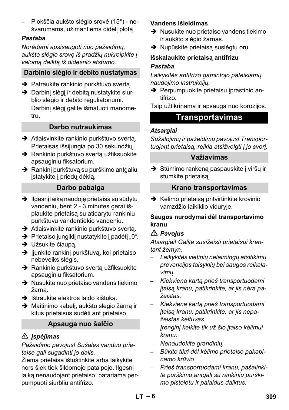 Transportavimas | Karcher HD 9-50-4 User Manual | Page 309 / 340