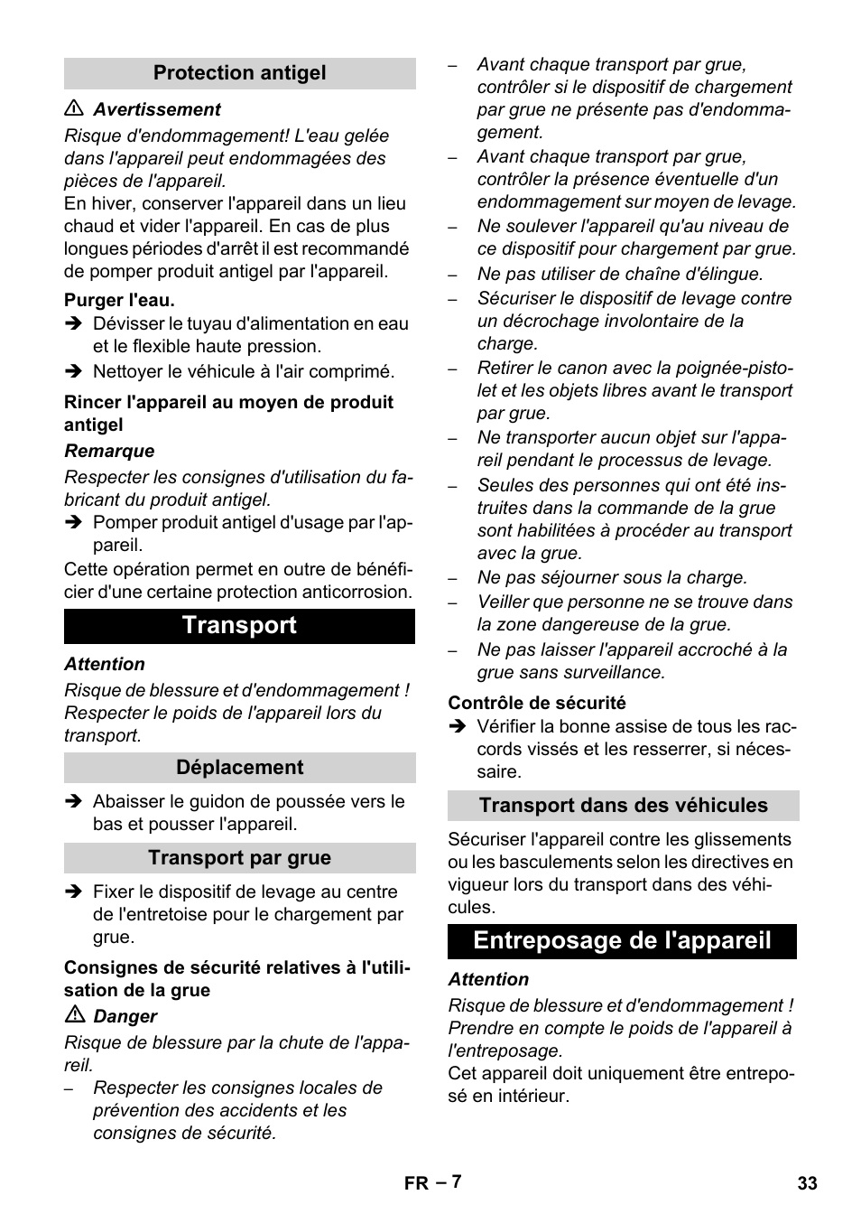 Transport, Entreposage de l'appareil | Karcher HD 9-50-4 User Manual | Page 33 / 340
