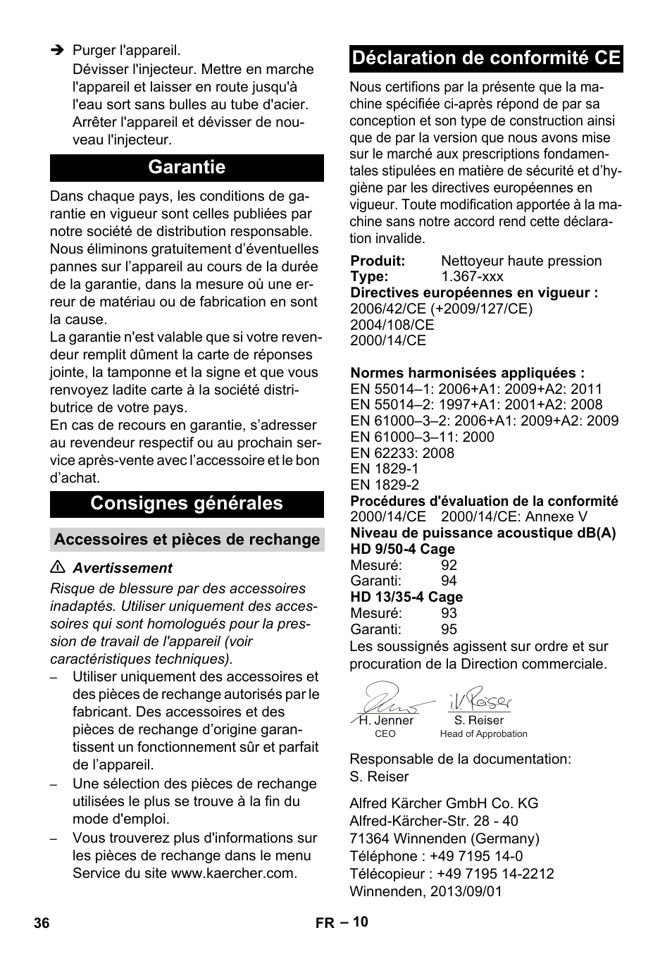 Garantie consignes générales, Déclaration de conformité ce | Karcher HD 9-50-4 User Manual | Page 36 / 340