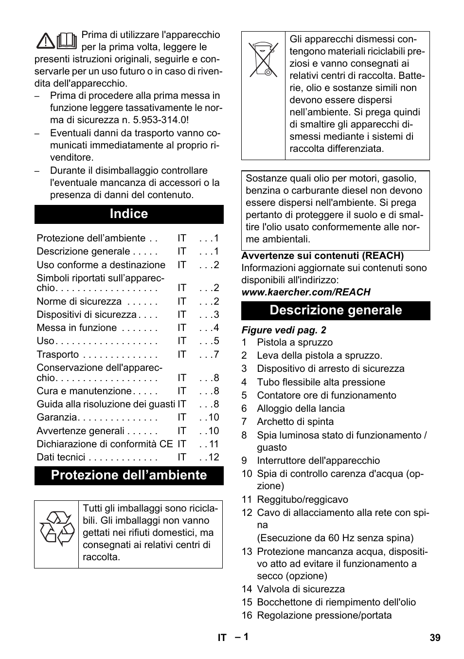 Italiano, Indice, Protezione dell’ambiente | Descrizione generale | Karcher HD 9-50-4 User Manual | Page 39 / 340