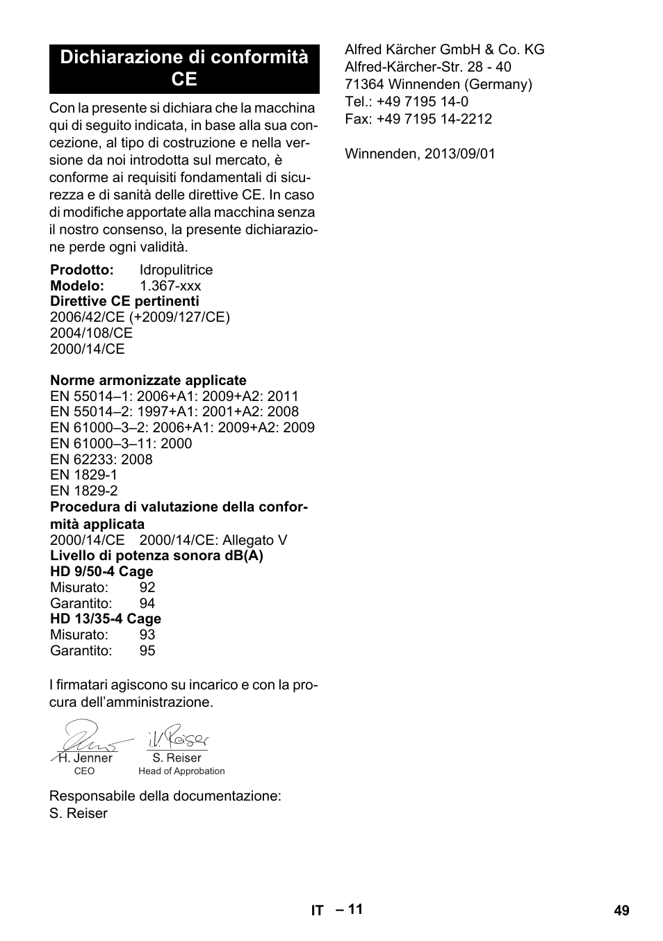 Dichiarazione di conformità ce | Karcher HD 9-50-4 User Manual | Page 49 / 340