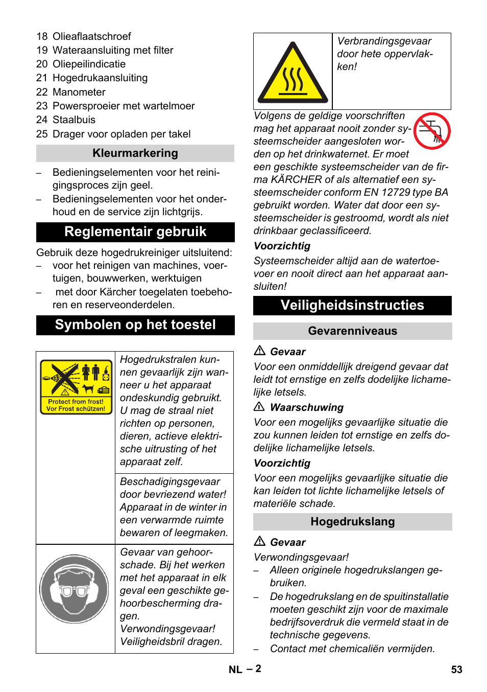 Reglementair gebruik symbolen op het toestel, Veiligheidsinstructies | Karcher HD 9-50-4 User Manual | Page 53 / 340