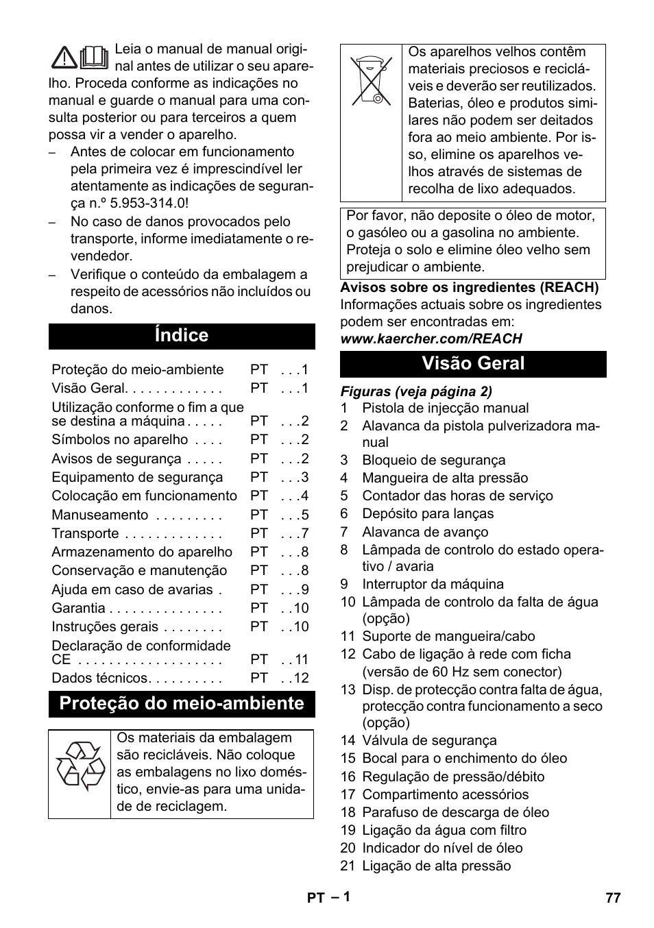 Português, Índice, Proteção do meio-ambiente | Visão geral | Karcher HD 9-50-4 User Manual | Page 77 / 340