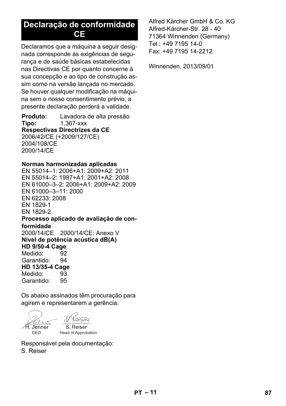 Declaração de conformidade ce | Karcher HD 9-50-4 User Manual | Page 87 / 340