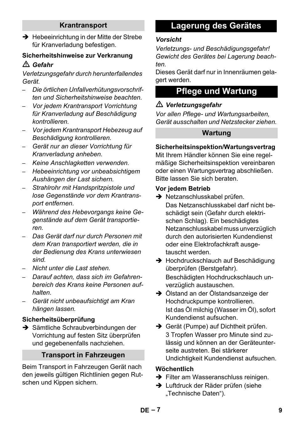 Lagerung des gerätes pflege und wartung | Karcher HD 9-50-4 User Manual | Page 9 / 340