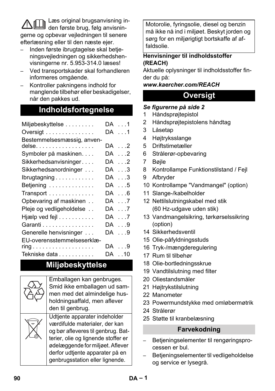 Dansk, Indholdsfortegnelse, Miljøbeskyttelse | Oversigt | Karcher HD 9-50-4 User Manual | Page 90 / 340