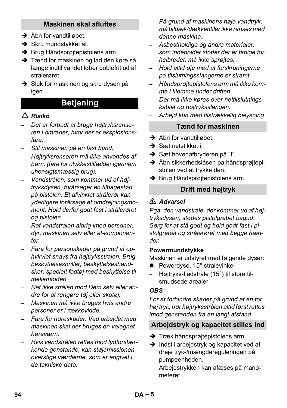 Betjening | Karcher HD 9-50-4 User Manual | Page 94 / 340