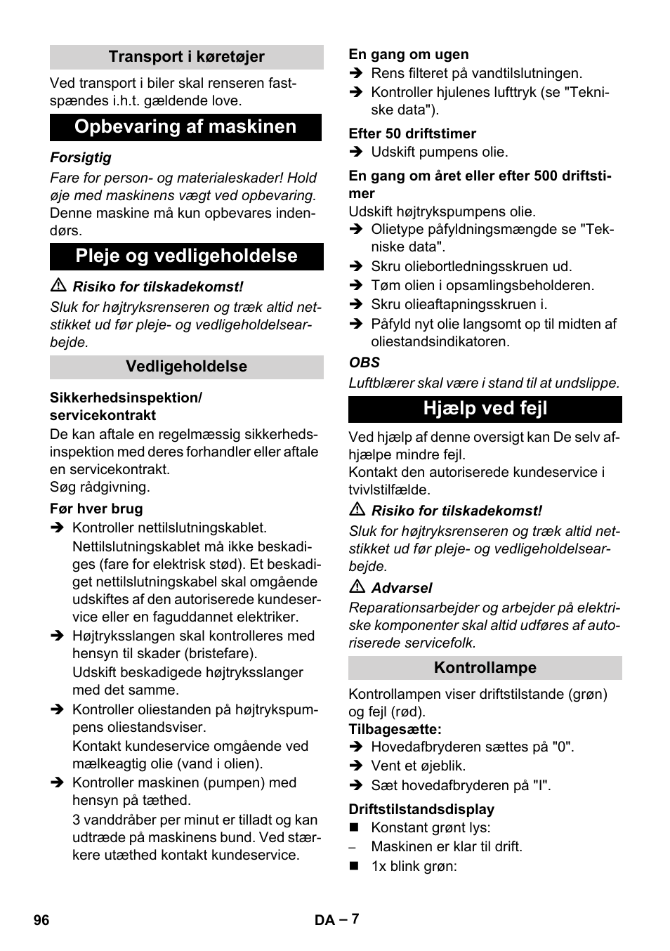 Opbevaring af maskinen pleje og vedligeholdelse, Hjælp ved fejl | Karcher HD 9-50-4 User Manual | Page 96 / 340