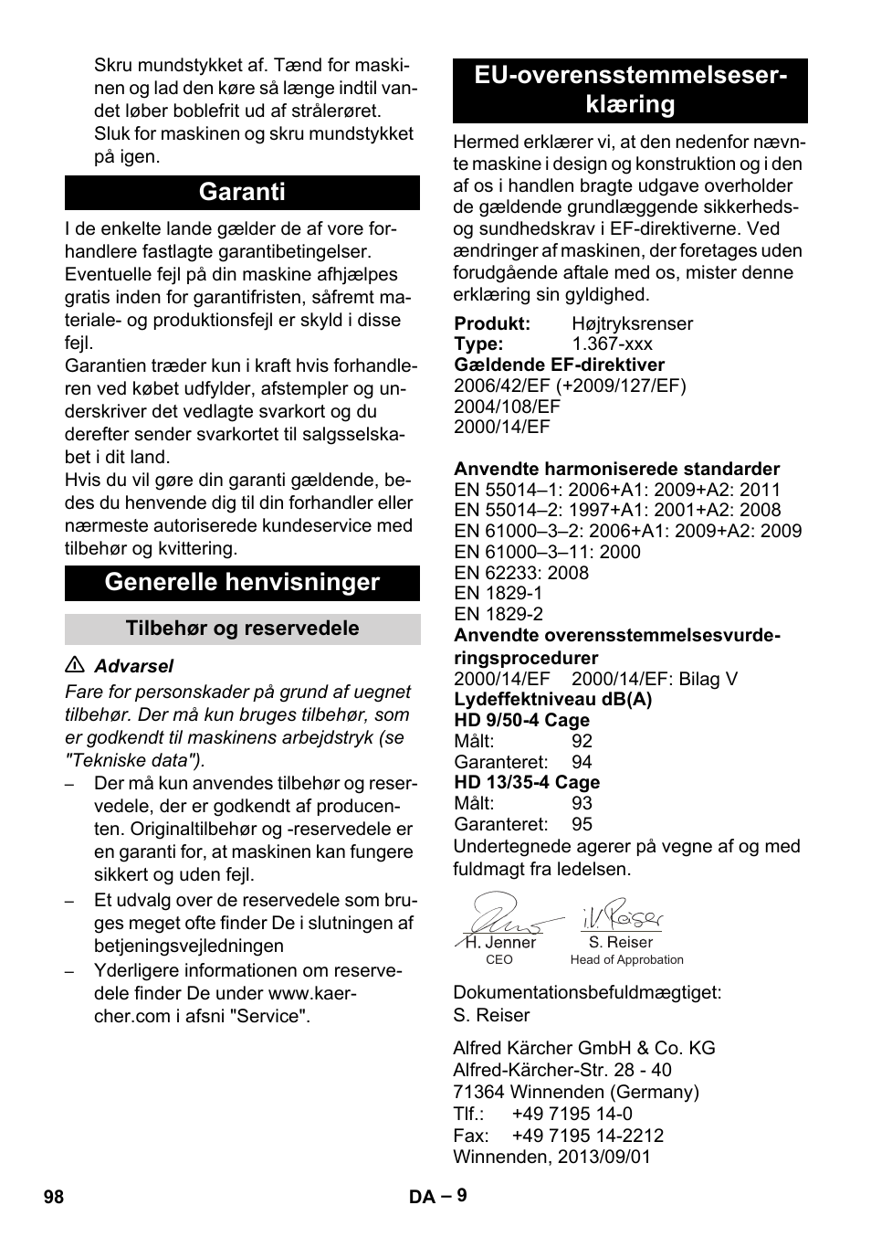 Garanti generelle henvisninger, Eu-overensstemmelseser- klæring | Karcher HD 9-50-4 User Manual | Page 98 / 340