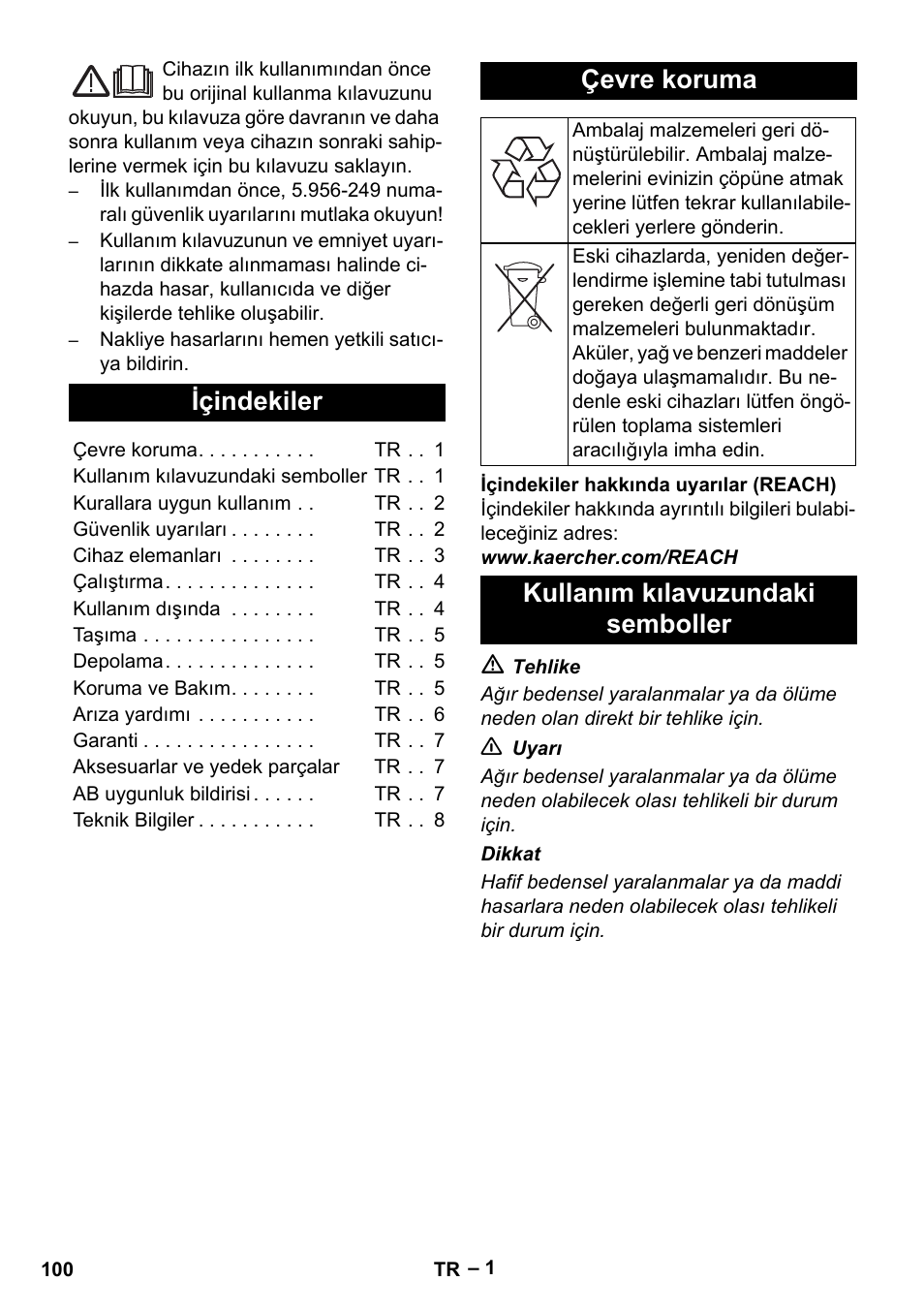 Türkçe, Içindekiler, Çevre koruma | Kullanım kılavuzundaki semboller | Karcher IV 60-36-3 W User Manual | Page 100 / 224