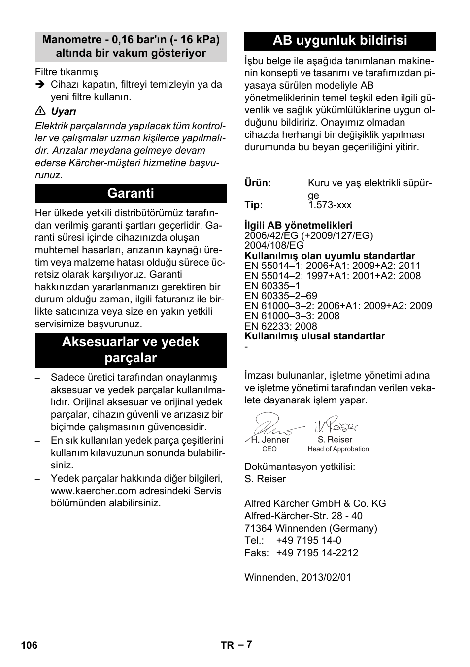 Garanti, Aksesuarlar ve yedek parçalar, Ab uygunluk bildirisi | Karcher IV 60-36-3 W User Manual | Page 106 / 224