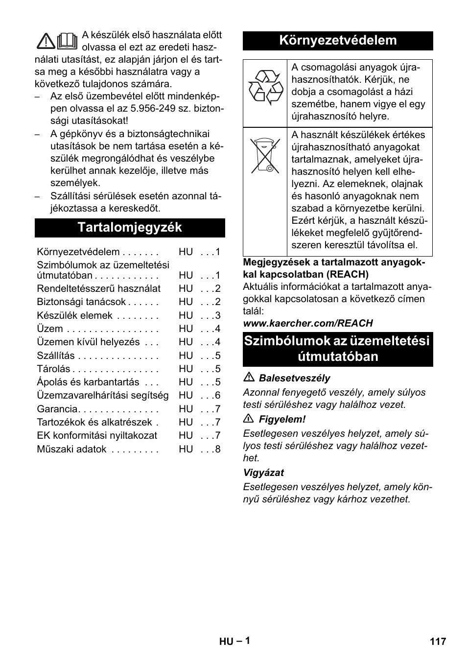 Magyar, Tartalomjegyzék, Környezetvédelem | Szimbólumok az üzemeltetési útmutatóban | Karcher IV 60-36-3 W User Manual | Page 117 / 224