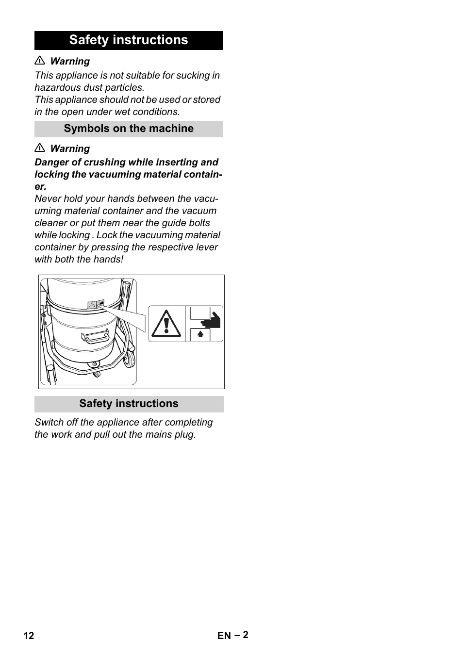 Safety instructions, Symbols on the machine | Karcher IV 60-36-3 W User Manual | Page 12 / 224