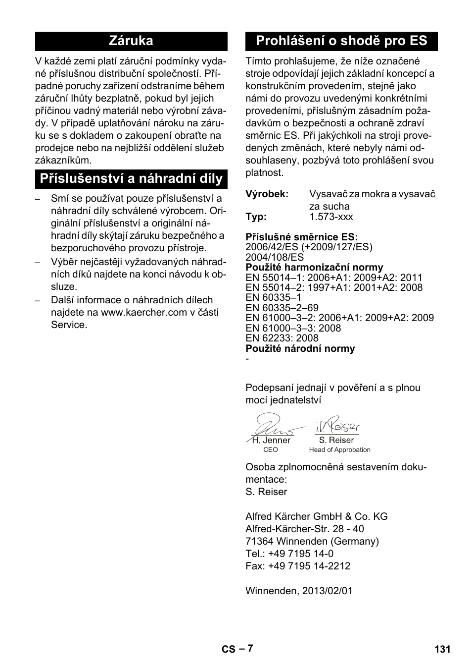 Záruka, Příslušenství a náhradní díly, Prohlášení o shodě pro es | Karcher IV 60-36-3 W User Manual | Page 131 / 224