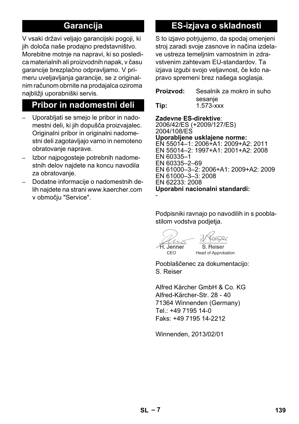 Garancija, Pribor in nadomestni deli, Es-izjava o skladnosti | Karcher IV 60-36-3 W User Manual | Page 139 / 224