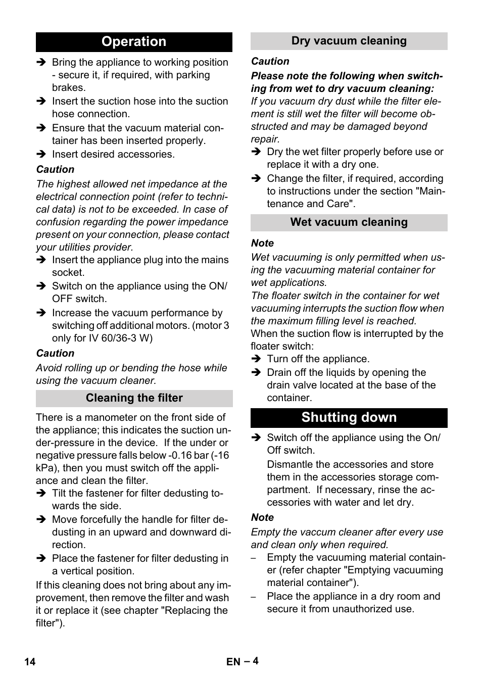 Operation, Cleaning the filter, Dry vacuum cleaning | Wet vacuum cleaning, Shutting down | Karcher IV 60-36-3 W User Manual | Page 14 / 224