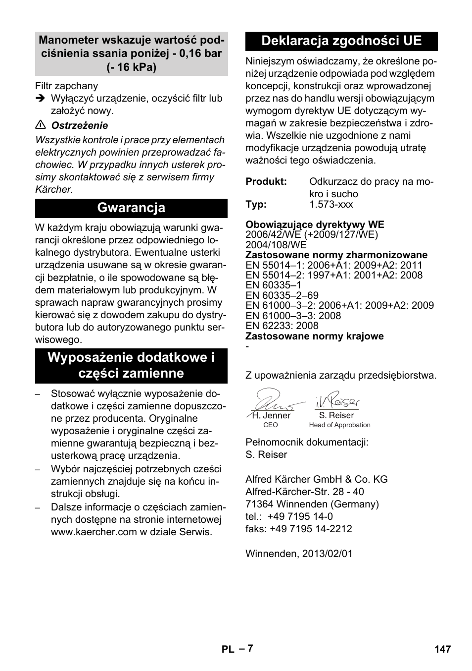 Gwarancja, Wyposażenie dodatkowe i części zamienne, Deklaracja zgodności ue | Karcher IV 60-36-3 W User Manual | Page 147 / 224