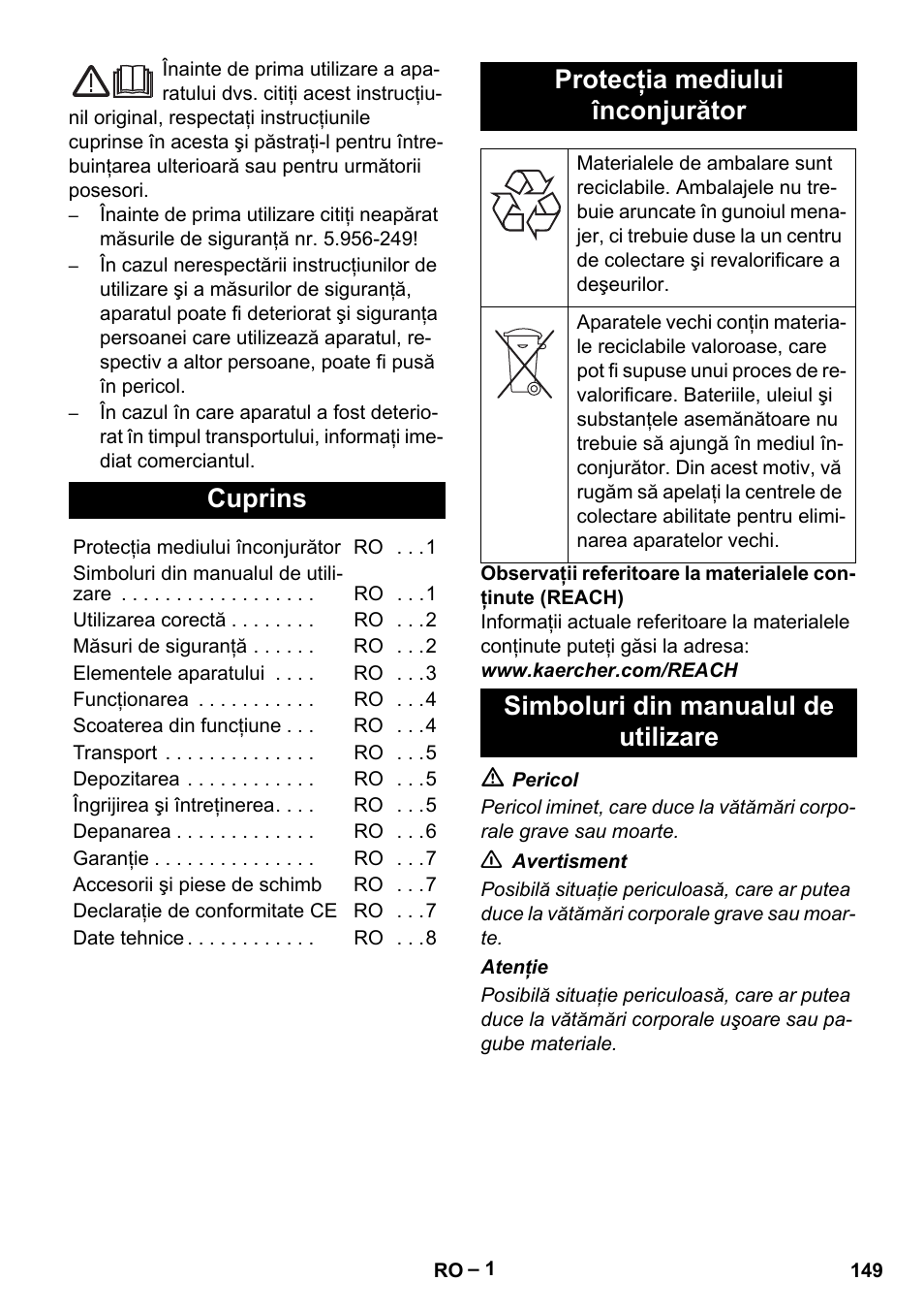 Româneşte, Cuprins, Protecţia mediului înconjurător | Simboluri din manualul de utilizare | Karcher IV 60-36-3 W User Manual | Page 149 / 224