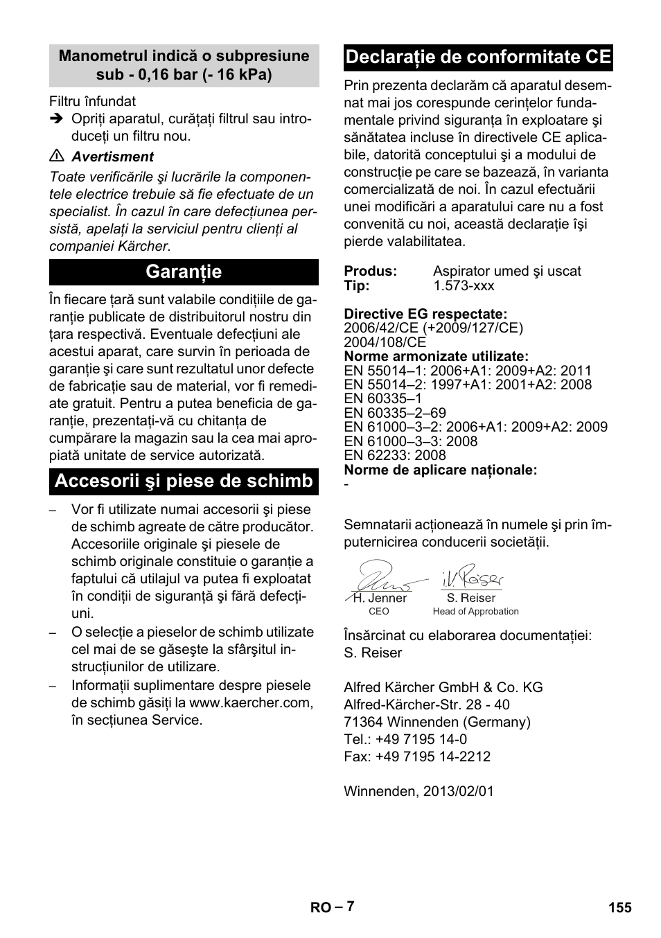 Garanţie, Accesorii şi piese de schimb, Declaraţie de conformitate ce | Karcher IV 60-36-3 W User Manual | Page 155 / 224
