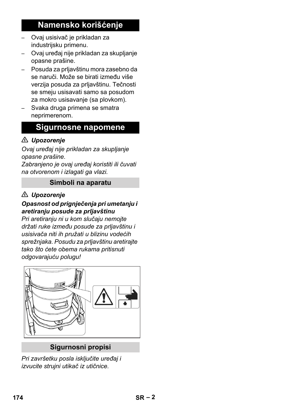 Namensko korišćenje, Sigurnosne napomene, Simboli na aparatu | Sigurnosni propisi, Namensko korišćenje sigurnosne napomene | Karcher IV 60-36-3 W User Manual | Page 174 / 224