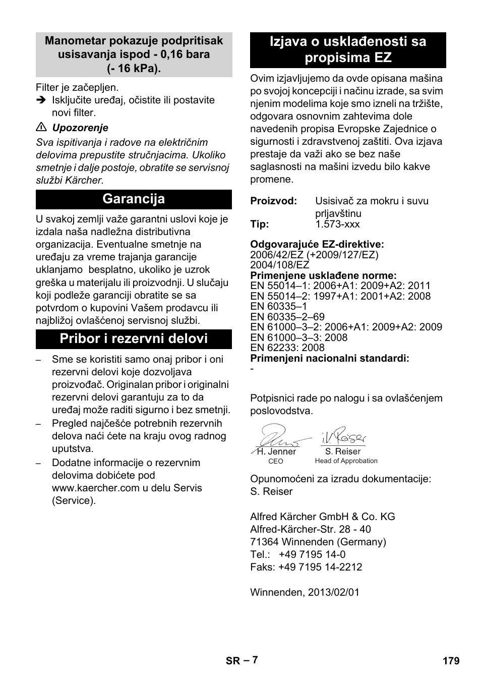 Garancija, Pribor i rezervni delovi, Izjava o usklađenosti sa propisima ez | Karcher IV 60-36-3 W User Manual | Page 179 / 224