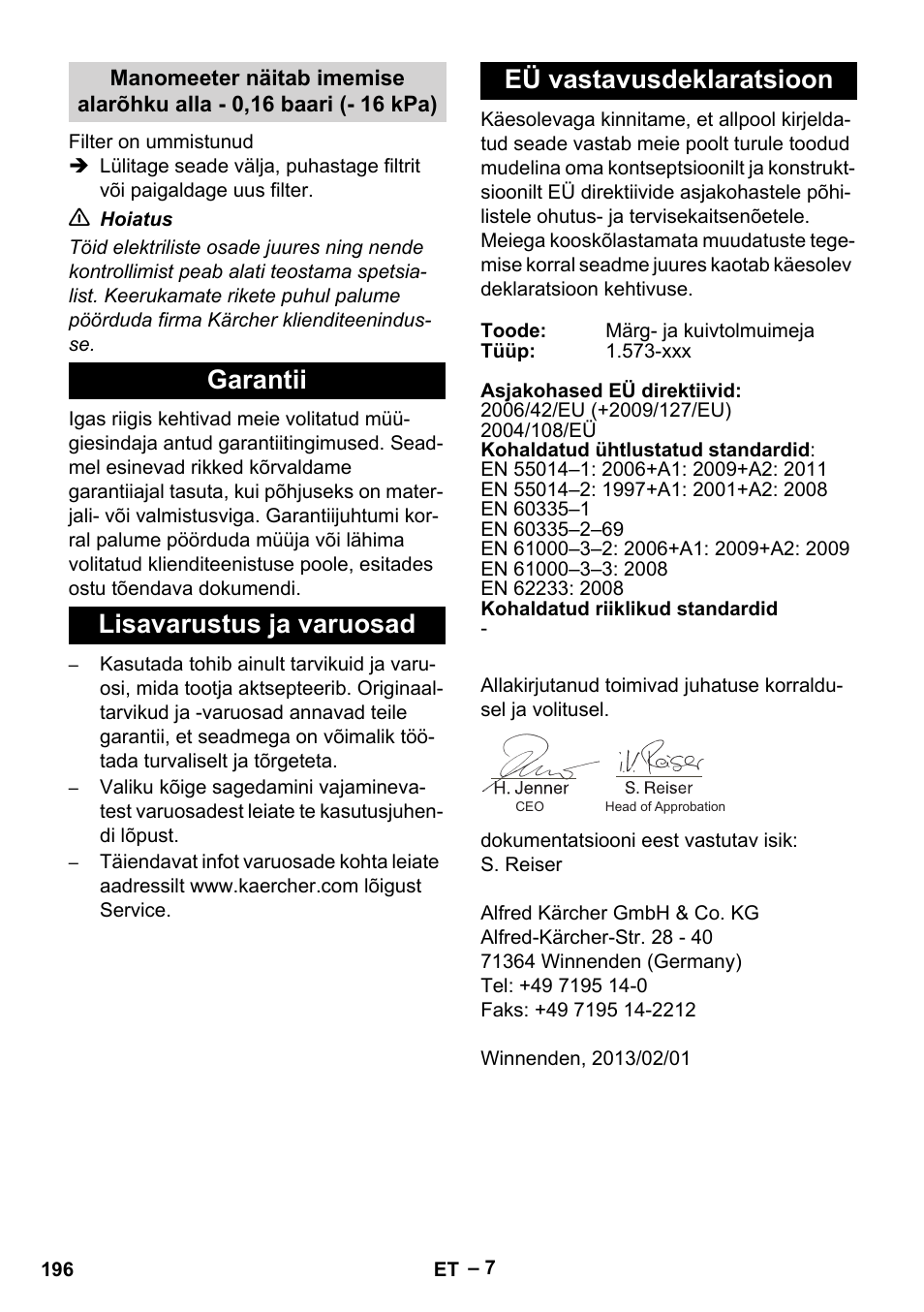 Garantii, Lisavarustus ja varuosad, Eü vastavusdeklaratsioon | Karcher IV 60-36-3 W User Manual | Page 196 / 224
