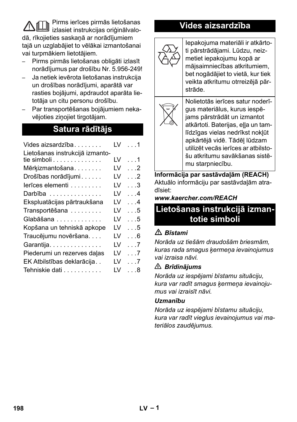 Latviešu, Satura rādītājs, Vides aizsardzība | Lietošanas instrukcijā izmantotie simboli, Lietošanas instrukcijā izman- totie simboli | Karcher IV 60-36-3 W User Manual | Page 198 / 224