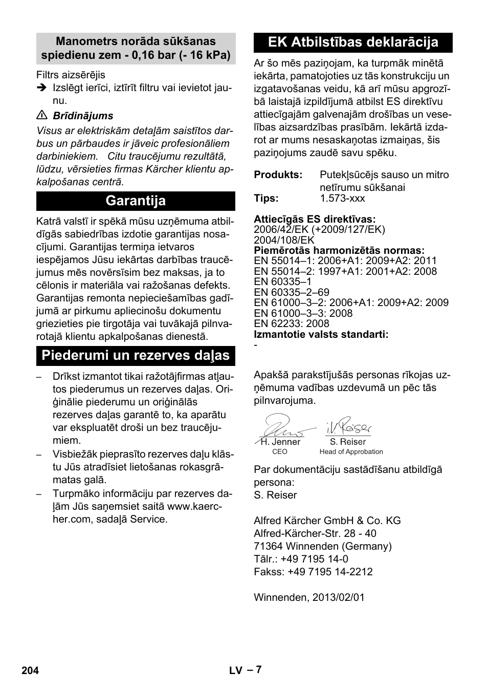 Garantija, Piederumi un rezerves daļas, Ek atbilstības deklarācija | Karcher IV 60-36-3 W User Manual | Page 204 / 224