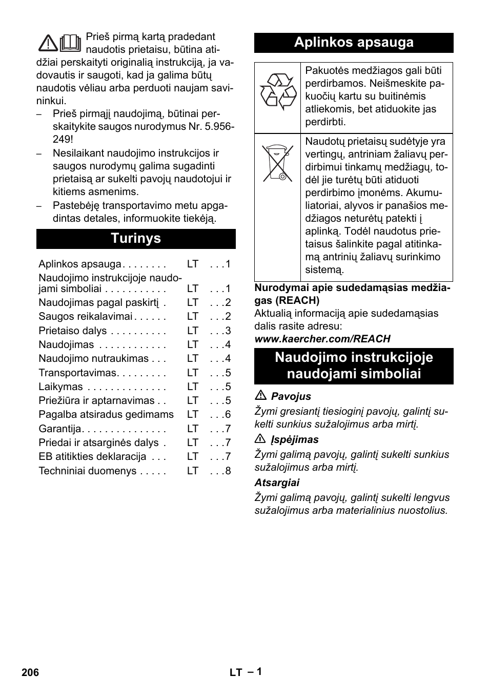 Lietuviškai, Turinys, Aplinkos apsauga | Naudojimo instrukcijoje naudojami simboliai | Karcher IV 60-36-3 W User Manual | Page 206 / 224